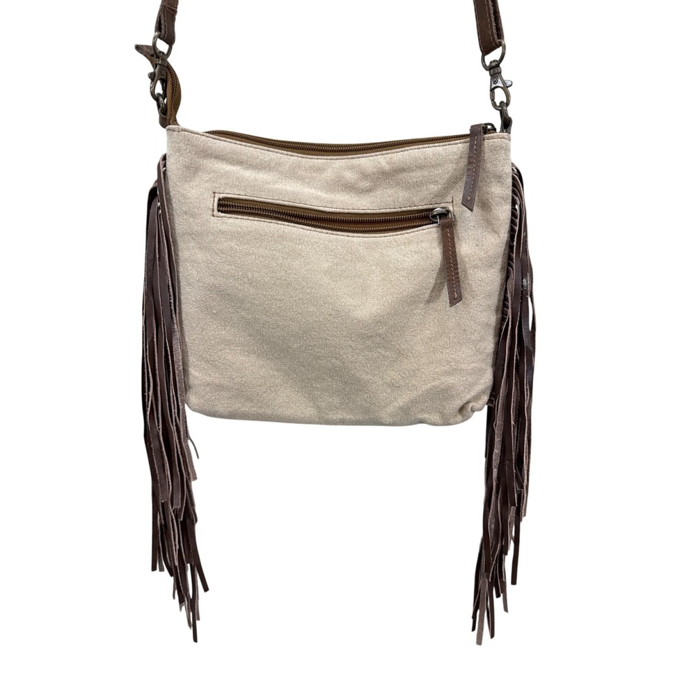 Cotton Curls Cowhide Leather Fringe Crossbody Bag Brown White Western Boho - Picture 4 of 10